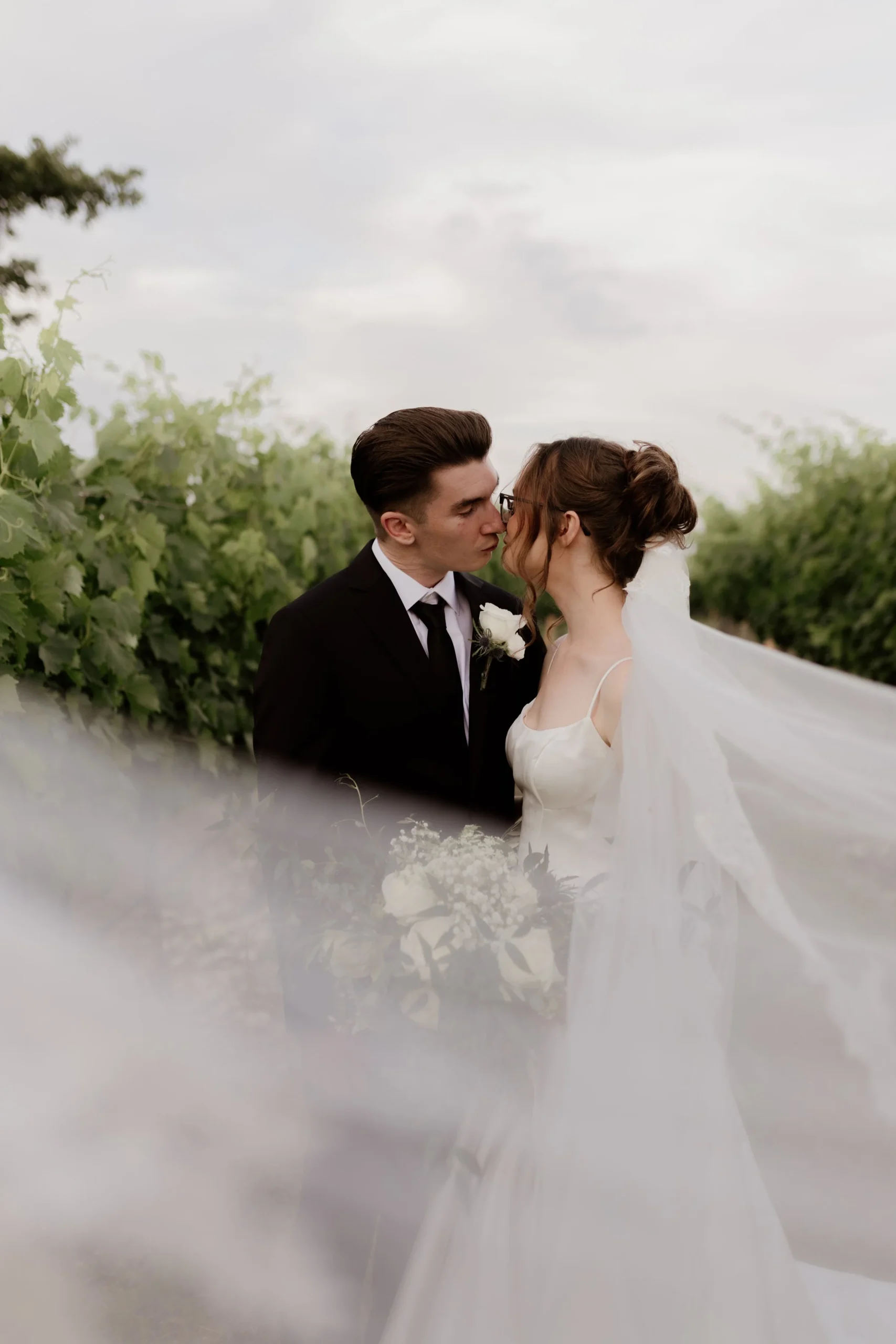 bride and groom kiss in between rows of vineyards